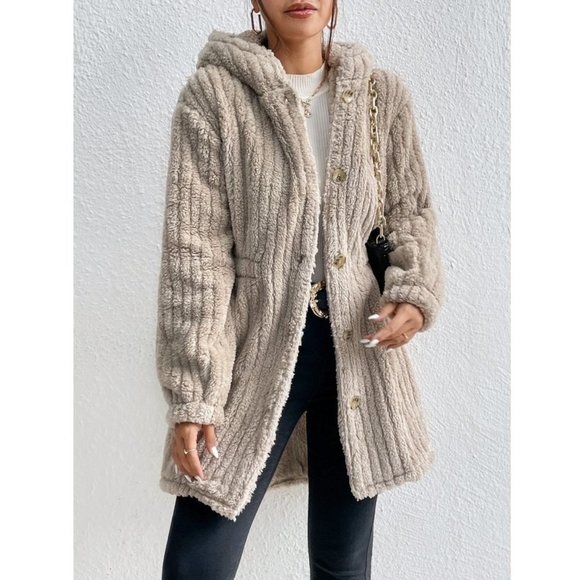 Khaki Button Front Hooded Teddy Coat - Picture 5 of 7